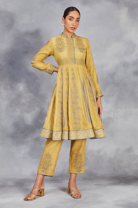Sue Mue_Yellow Handloom , Tussar, Handwoven Floral Print Short Anarkali Set _at_Aza_Fashions