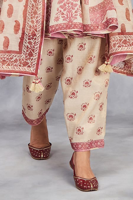 Buy_Sue Mue_Beige Handloom Cotton Tassels Botanical Print Handwoven Short Anarkali Set _Online_at_Aza_Fashions