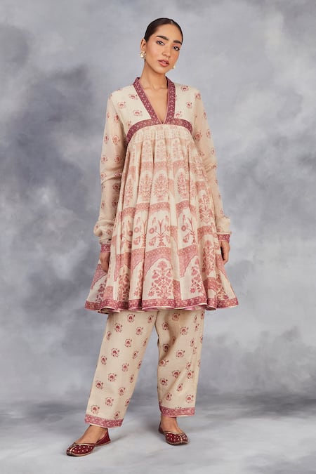 Shop_Sue Mue_Beige Handloom Cotton Tassels Botanical Print Handwoven Short Anarkali Set _Online_at_Aza_Fashions
