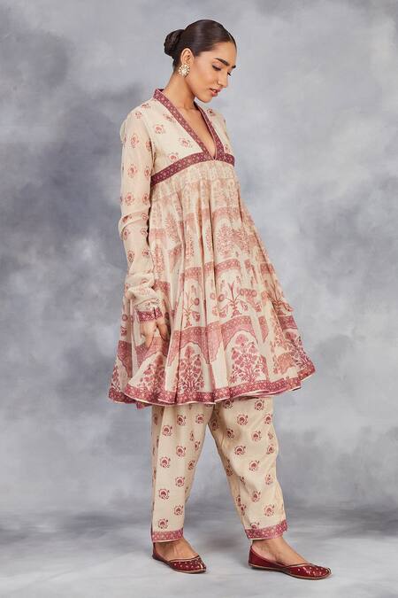 Sue Mue_Beige Handloom Cotton Tassels Botanical Print Handwoven Short Anarkali Set _at_Aza_Fashions