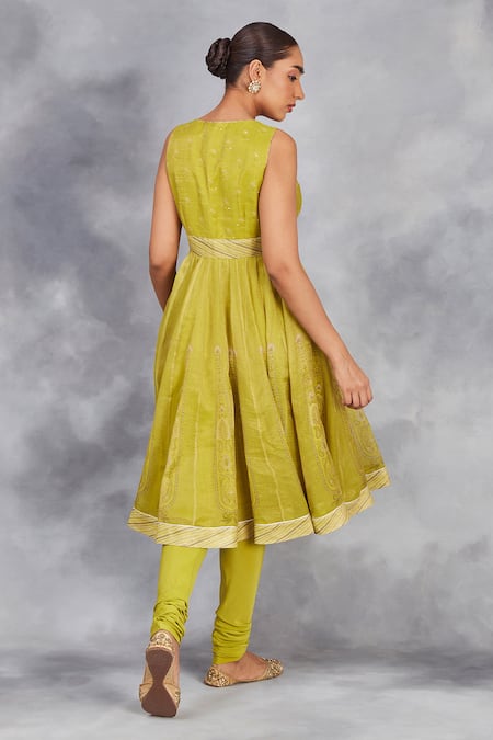 Buy_Sue Mue_Green Handloom , Lycra, Floral Print Handwoven Short Anarkali Set _Online_at_Aza_Fashions