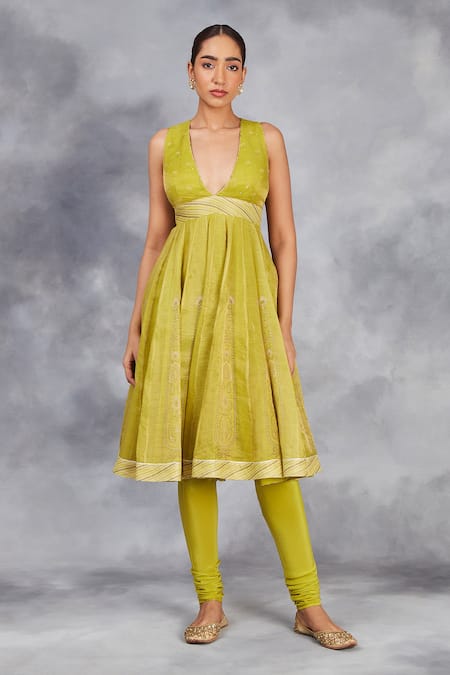 Shop_Sue Mue_Green Handloom , Lycra, Floral Print Handwoven Short Anarkali Set _Online_at_Aza_Fashions