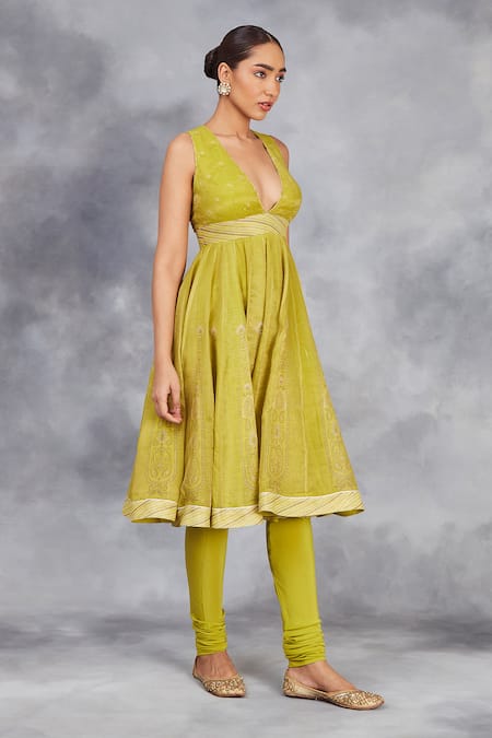 Sue Mue_Green Handloom , Lycra, Floral Print Handwoven Short Anarkali Set _at_Aza_Fashions