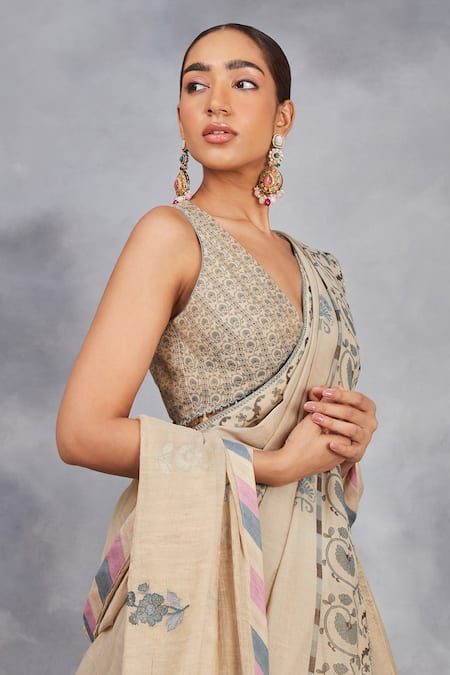 Buy Sue Mue Beige Handloom Cotton Embroidery, Lace, Floral Print Handwoven Lehenga Set Online at Aza Fashions Buy_Sue Mue_Beige Handloom Cotton Embroidery, Lace, Floral Print Handwoven Lehenga Set _Online_at_Aza_Fashions