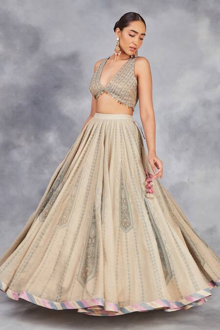 Shop Sue Mue Beige Handloom Cotton Embroidery, Lace, Floral Print Handwoven Lehenga Set Online at Aza Fashions Shop_Sue Mue_Beige Handloom Cotton Embroidery, Lace, Floral Print Handwoven Lehenga Set _Online_at_Aza_Fashions