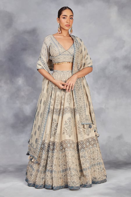 Sue Mue Handwoven Floral Print Lehenga Set 