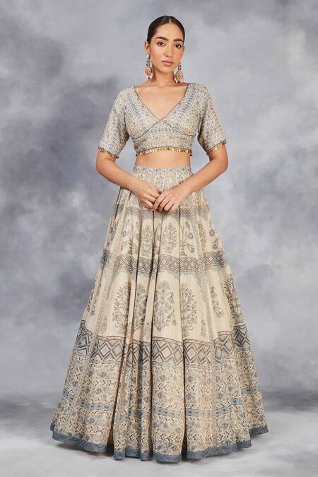 Shop Sue Mue Beige Handloom , Lace, Handwoven Floral Print Lehenga Set Online at Aza Fashions Shop_Sue Mue_Beige Handloom , Lace, Handwoven Floral Print Lehenga Set _Online_at_Aza_Fashions
