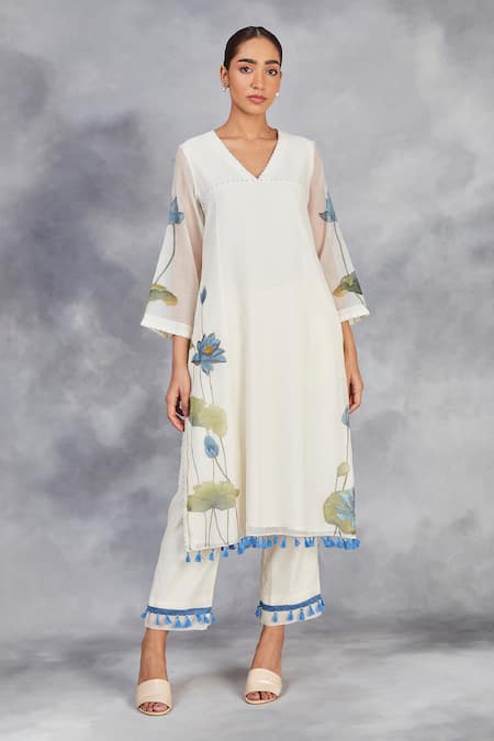 Shop_Sue Mue_Off White Chanderi, , Handloom Lotus Hand Painted Kurta Set _Online_at_Aza_Fashions