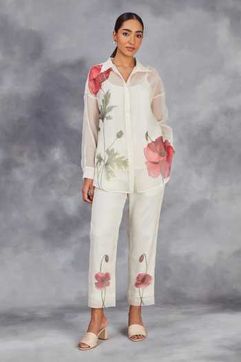 Buy Sue Mue Off White Chanderi Embroidery Collared Hand Painted Handwoven Shirt With Pant at Aza Fashions Buy_Sue Mue_Off White Chanderi Embroidery Collared Hand Painted Handwoven Shirt With Pant _at_Aza_Fashions