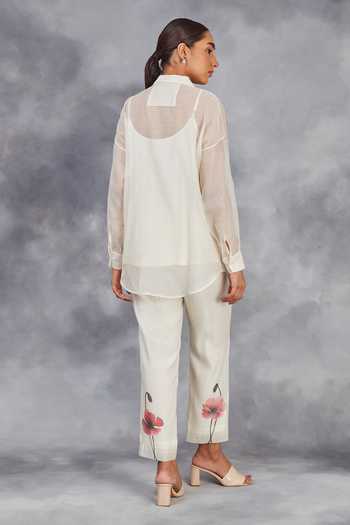 Sue Mue Off White Chanderi Embroidery Collared Hand Painted Handwoven Shirt With Pant Online at Aza Fashions Sue Mue_Off White Chanderi Embroidery Collared Hand Painted Handwoven Shirt With Pant _Online_at_Aza_Fashions