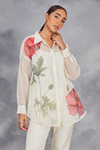 Buy Sue Mue Off White Chanderi Embroidery Collared Hand Painted Handwoven Shirt With Pant Online at Aza Fashions Buy_Sue Mue_Off White Chanderi Embroidery Collared Hand Painted Handwoven Shirt With Pant _Online_at_Aza_Fashions