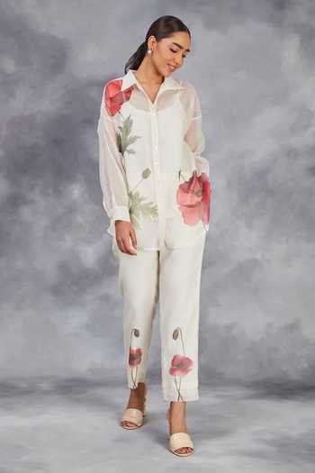 Shop Sue Mue Off White Chanderi Embroidery Collared Hand Painted Handwoven Shirt With Pant Online at Aza Fashions Shop_Sue Mue_Off White Chanderi Embroidery Collared Hand Painted Handwoven Shirt With Pant _Online_at_Aza_Fashions