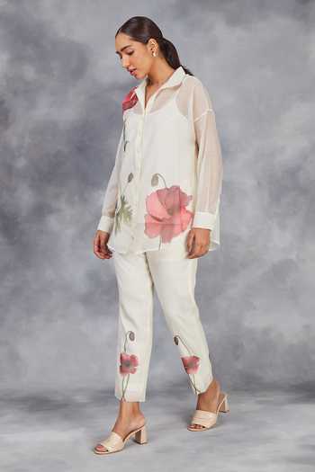 Sue Mue Off White Chanderi Embroidery Collared Hand Painted Handwoven Shirt With Pant at Aza Fashions Sue Mue_Off White Chanderi Embroidery Collared Hand Painted Handwoven Shirt With Pant _at_Aza_Fashions