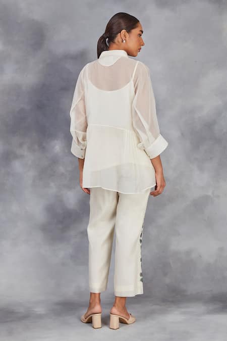 Sue Mue_Off White Chanderi Collared Hand Painted Peplum Top With Pant _Online_at_Aza_Fashions
