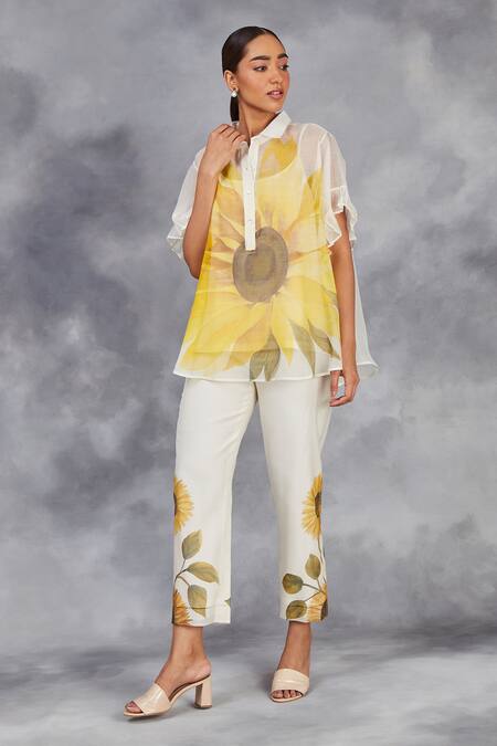 Shop_Sue Mue_Off White Chanderi Embroidery Collared Hand Painted Top With Pant _Online_at_Aza_Fashions