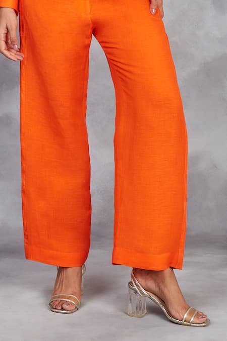 Buy_Sue Mue_Orange Linen Beads, Embroidery Collared Silk Thread Shirt With Pant _Online_at_Aza_Fashions