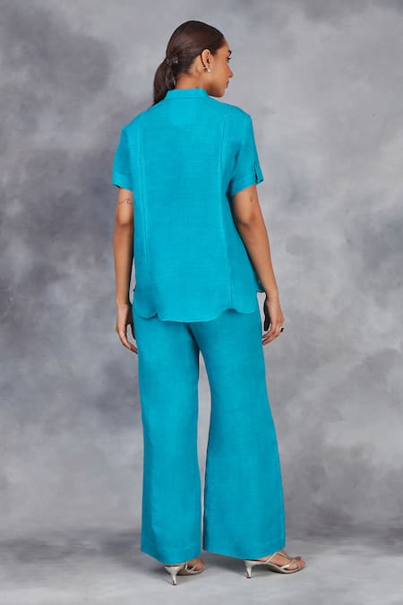 Sue Mue_Blue Linen Beads, Embroidery Button-down Neck Handwoven Shirt And Pant Set _Online_at_Aza_Fashions