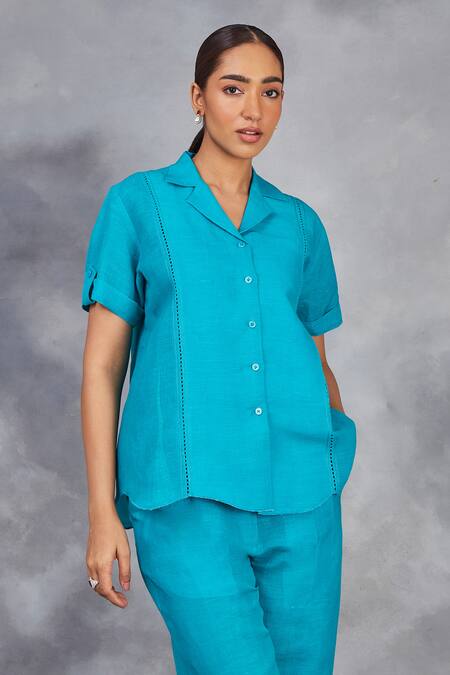 Buy_Sue Mue_Blue Linen Beads, Embroidery Button-down Neck Handwoven Shirt And Pant Set _Online_at_Aza_Fashions