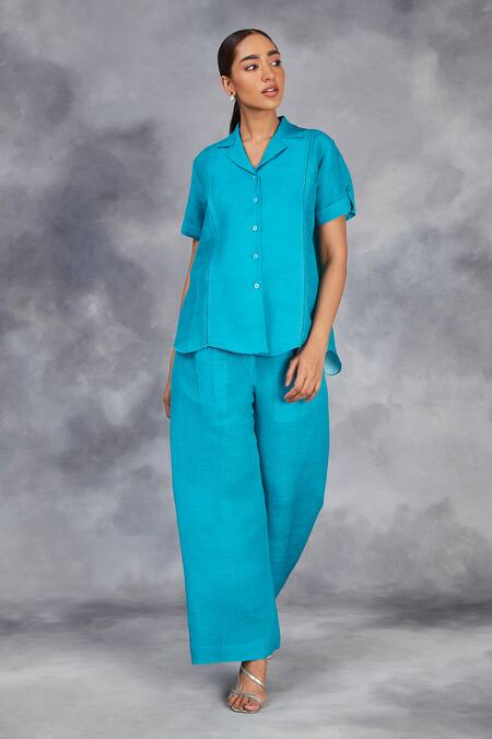 Shop_Sue Mue_Blue Linen Beads, Embroidery Button-down Neck Handwoven Shirt And Pant Set _Online_at_Aza_Fashions