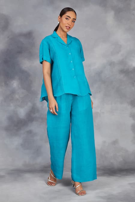 Sue Mue_Blue Linen Beads, Embroidery Button-down Neck Handwoven Shirt And Pant Set _at_Aza_Fashions