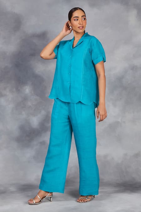 Buy_Sue Mue_Blue Linen Beads, Embroidery Button-down Neck Handwoven Shirt And Pant Set 