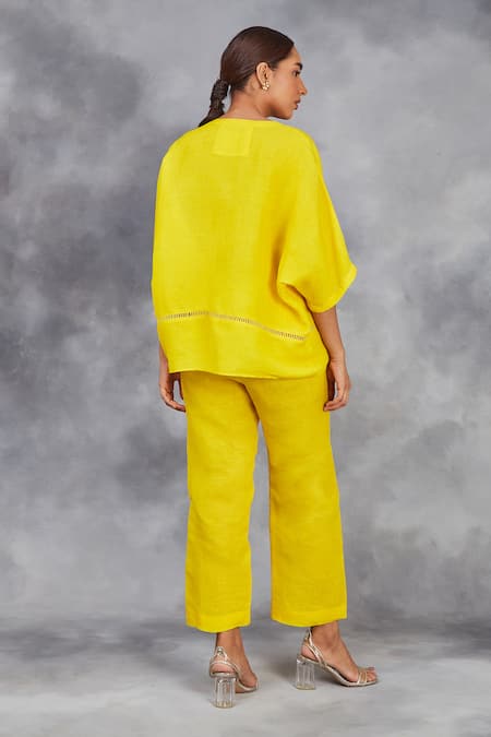 Sue Mue_Yellow Linen Beads, Embroidery Round Neck Silk Thread Top With Pant _Online_at_Aza_Fashions