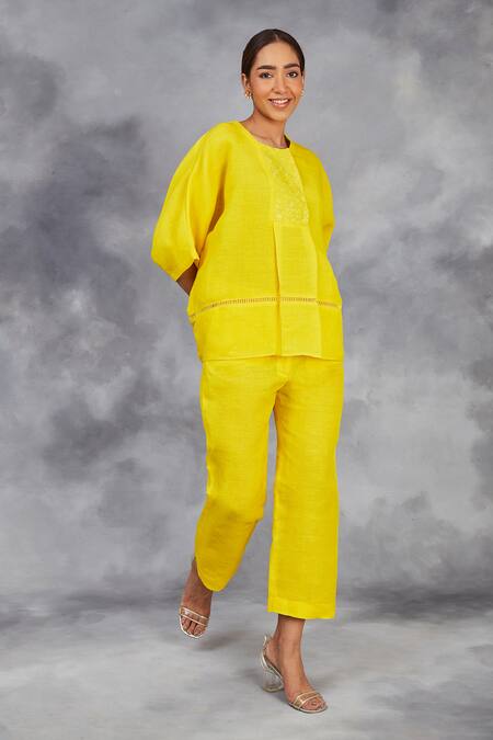 Buy_Sue Mue_Yellow Linen Beads, Embroidery Round Neck Silk Thread Top With Pant _Online_at_Aza_Fashions