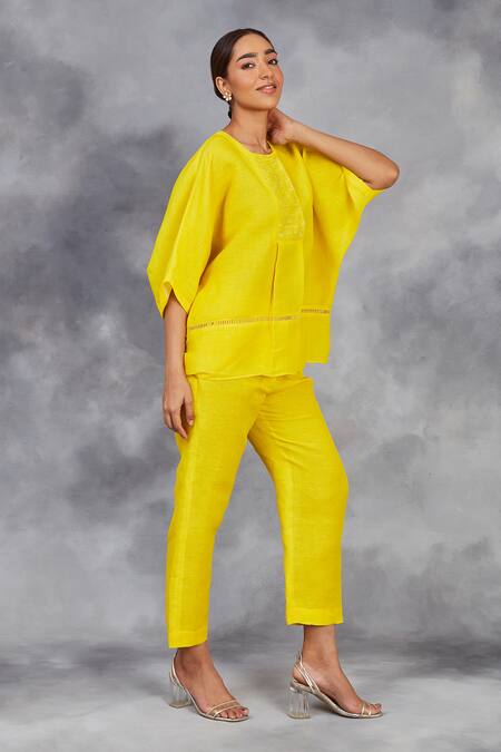 Shop_Sue Mue_Yellow Linen Beads, Embroidery Round Neck Silk Thread Top With Pant _Online_at_Aza_Fashions