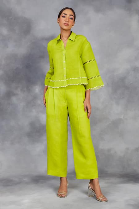 Sue Mue Scalloped Handwoven Linen Shirt With Pant 