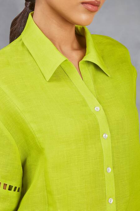 Sue Mue_Green Linen Embroidery, Beads Collared Scalloped Handwoven Shirt With Pant _Online_at_Aza_Fashions