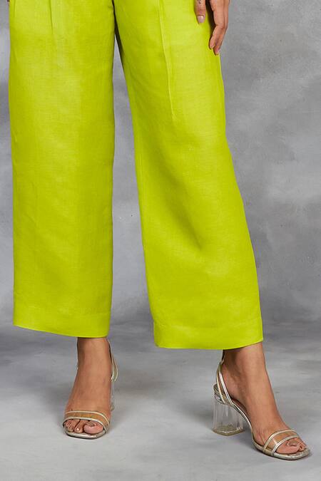 Buy_Sue Mue_Green Linen Embroidery, Beads Collared Scalloped Handwoven Shirt With Pant _Online_at_Aza_Fashions