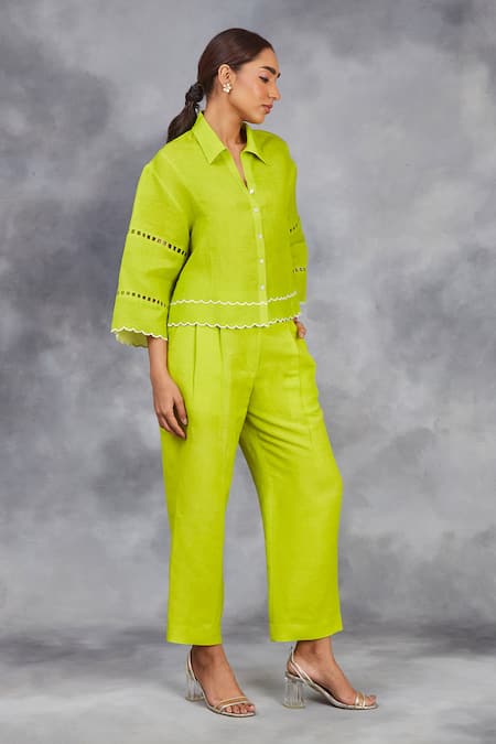 Shop_Sue Mue_Green Linen Embroidery, Beads Collared Scalloped Handwoven Shirt With Pant _Online_at_Aza_Fashions