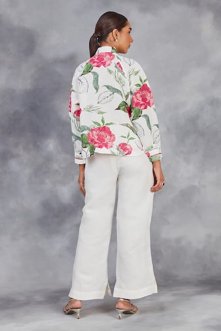 Sue Mue_White Linen Embroidery, Beads Collared Digital Print Handwoven Top With Pant _Online_at_Aza_Fashions