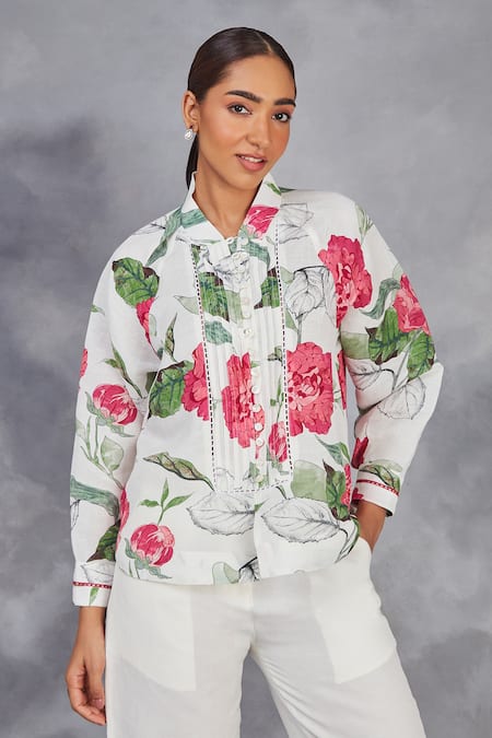 Buy_Sue Mue_White Linen Embroidery, Beads Collared Digital Print Handwoven Top With Pant _Online_at_Aza_Fashions