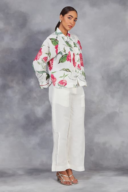 Sue Mue_White Linen Embroidery, Beads Collared Digital Print Handwoven Top With Pant _at_Aza_Fashions