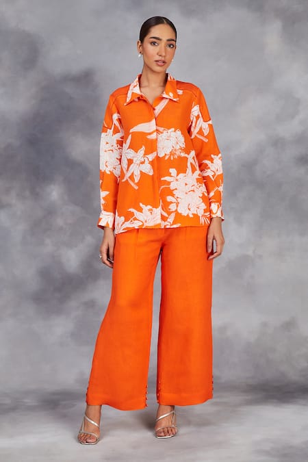 Sue Mue Handwoven Orange Shirt & Pant Set 