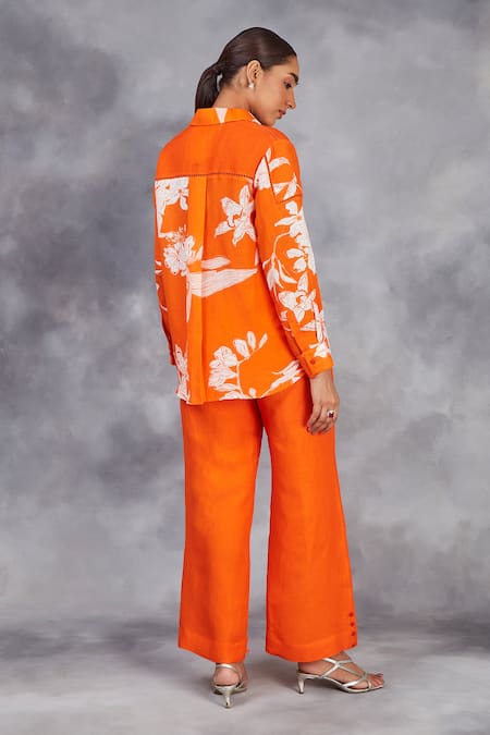 Sue Mue Handwoven Orange Shirt & Pant Set 