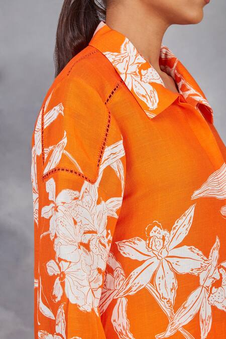 Buy_Sue Mue_Orange Linen Embroidery Collared Handwoven Shirt And Pant Set _Online_at_Aza_Fashions