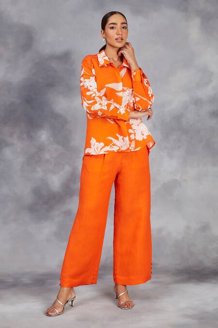 Shop_Sue Mue_Orange Linen Embroidery Collared Handwoven Shirt And Pant Set _Online_at_Aza_Fashions