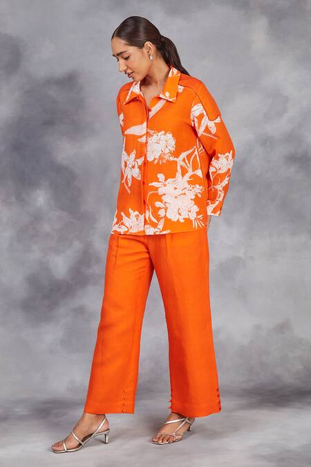 Sue Mue_Orange Linen Embroidery Collared Handwoven Shirt And Pant Set _at_Aza_Fashions