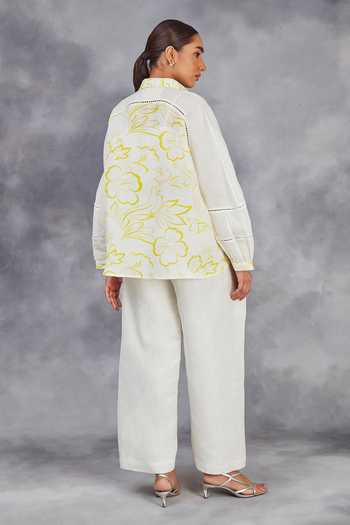 Sue Mue White Linen Embroidery Collared Floral Print Handwoven Shirt With Pant Online at Aza Fashions Sue Mue_White Linen Embroidery Collared Floral Print Handwoven Shirt With Pant _Online_at_Aza_Fashions