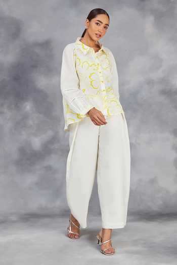 Buy Sue Mue White Linen Embroidery Collared Floral Print Handwoven Shirt With Pant Online at Aza Fashions Buy_Sue Mue_White Linen Embroidery Collared Floral Print Handwoven Shirt With Pant _Online_at_Aza_Fashions