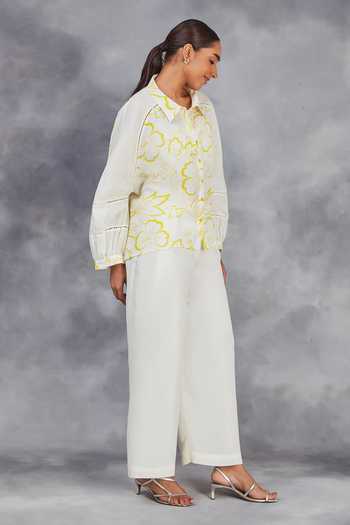 Shop Sue Mue White Linen Embroidery Collared Floral Print Handwoven Shirt With Pant Online at Aza Fashions Shop_Sue Mue_White Linen Embroidery Collared Floral Print Handwoven Shirt With Pant _Online_at_Aza_Fashions