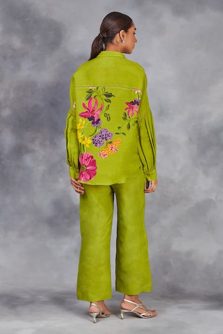 Sue Mue Green Linen Embroidery Collared Floral Print Shirt With Pant Online at Aza Fashions Sue Mue_Green Linen Embroidery Collared Floral Print Shirt With Pant _Online_at_Aza_Fashions