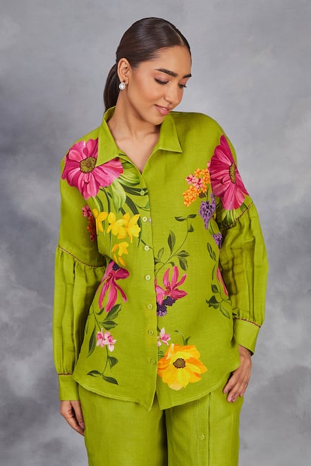 Buy Sue Mue Green Linen Embroidery Collared Floral Print Shirt With Pant Online at Aza Fashions Buy_Sue Mue_Green Linen Embroidery Collared Floral Print Shirt With Pant _Online_at_Aza_Fashions