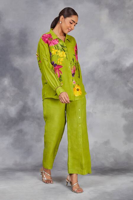 Shop Sue Mue Green Linen Embroidery Collared Floral Print Shirt With Pant Online at Aza Fashions Shop_Sue Mue_Green Linen Embroidery Collared Floral Print Shirt With Pant _Online_at_Aza_Fashions