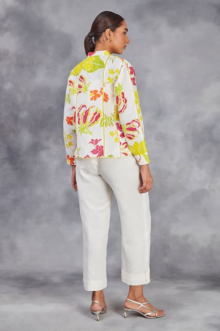 Sue Mue_Off White Linen Applique Bandeau Neck Hibiscus Print Top And Pant Set _Online_at_Aza_Fashions