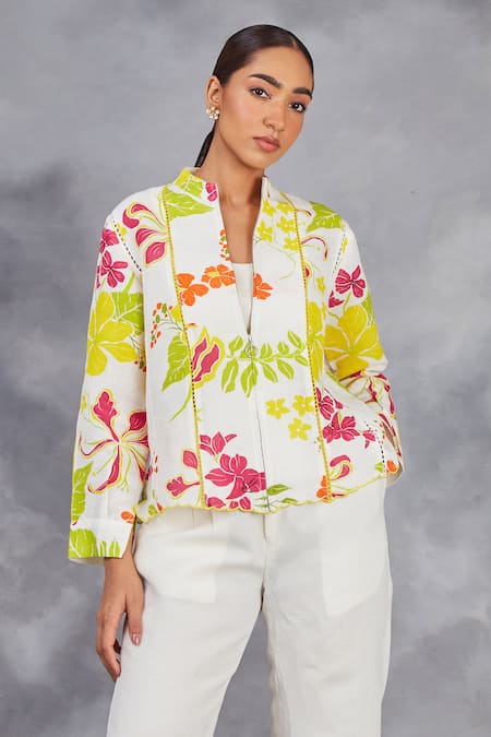 Buy_Sue Mue_Off White Linen Applique Bandeau Neck Hibiscus Print Top And Pant Set _Online_at_Aza_Fashions