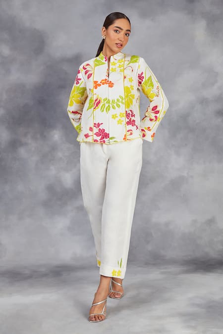 Shop_Sue Mue_Off White Linen Applique Bandeau Neck Hibiscus Print Top And Pant Set _Online_at_Aza_Fashions