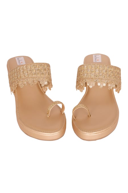 Shop_Fuchsia by aashaka mehta_Gold Embroidery, Sequins Mist Strap Kolhapuri Wedges _at_Aza_Fashions